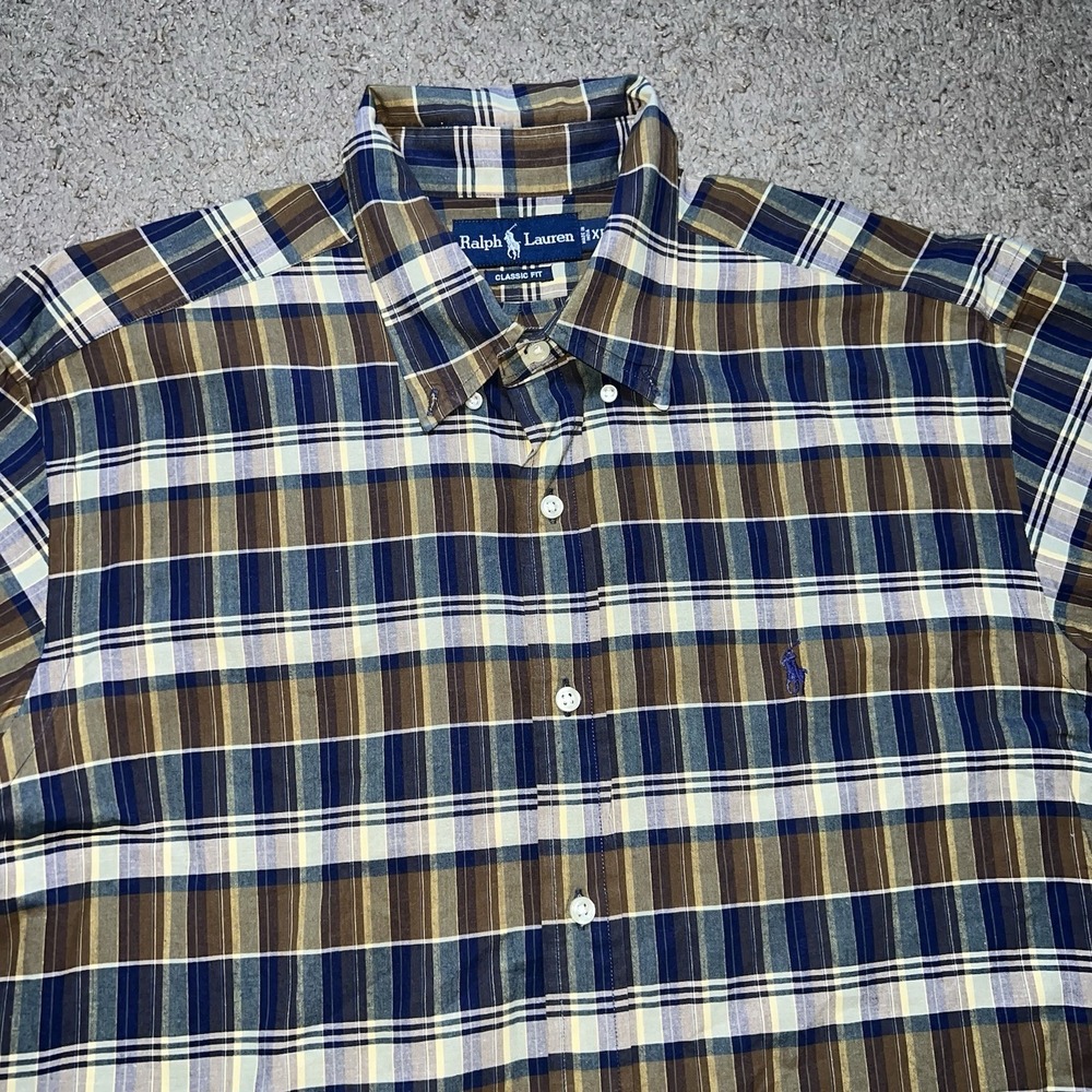 Polo Ralph Lauren Mens XL Classic Fit Brown Plaid Short Sleeve Button Down Shirt